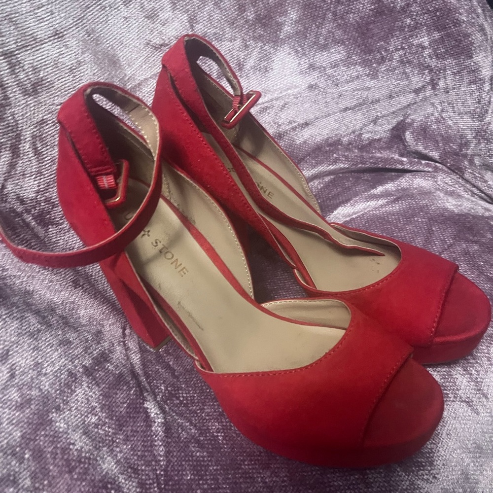 Red Suede Platform Ankle-Strap Heels